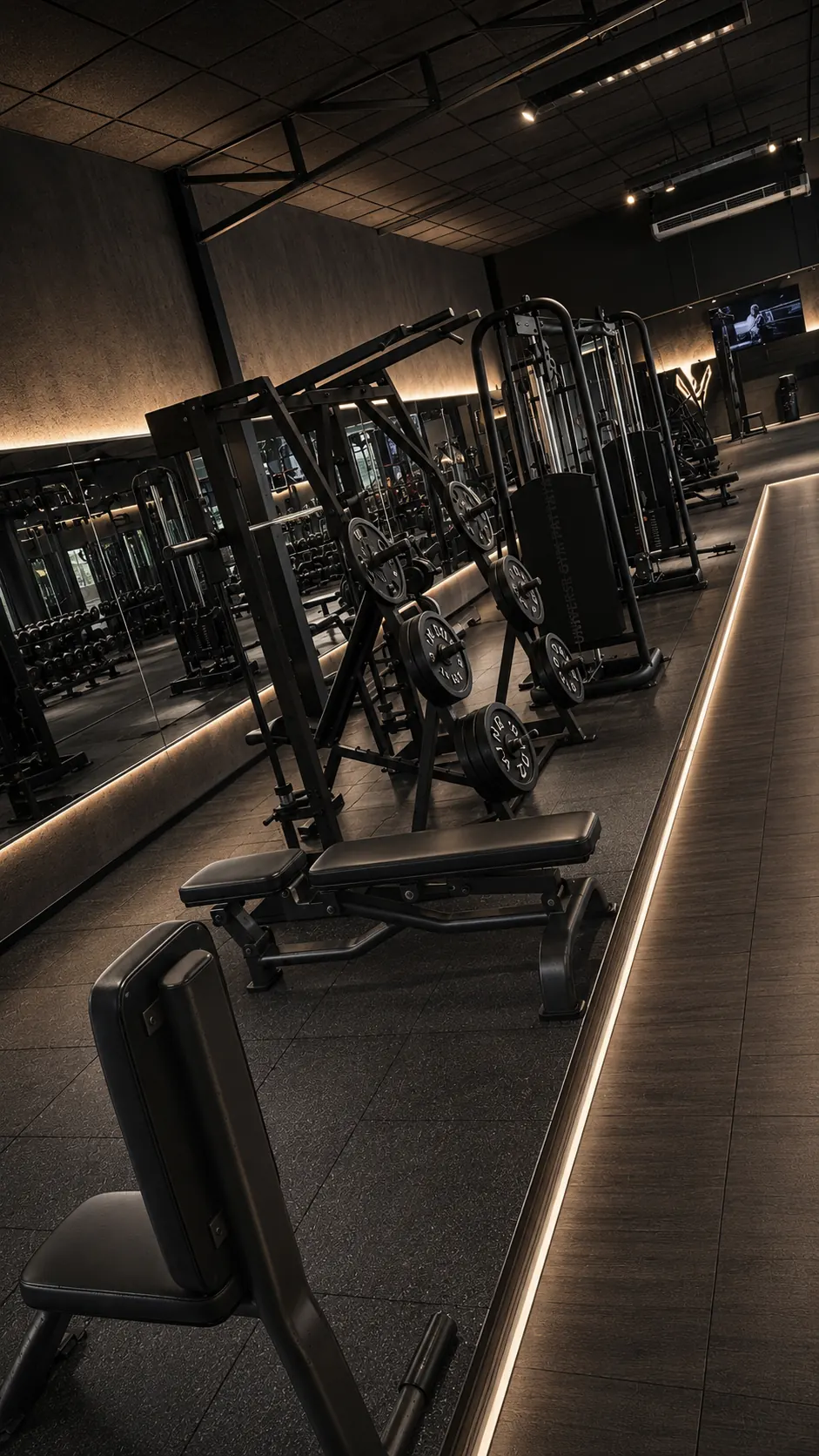 Adjustable benches and plate-loaded stations along an LED-lit mirror wall