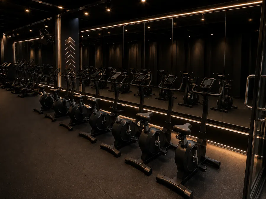 Row of upright bikes in the moody LED-lit cardio studio