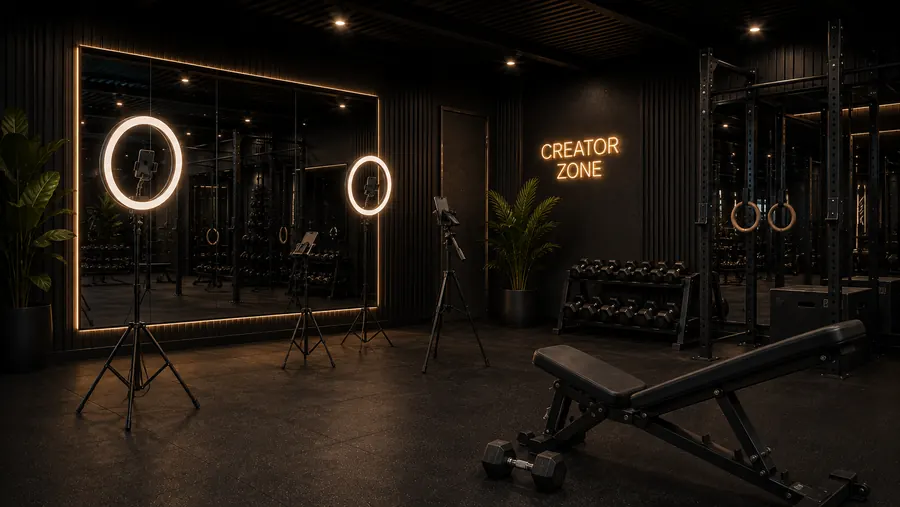 Creator zone with glowing sign, ring lights and mirror wall