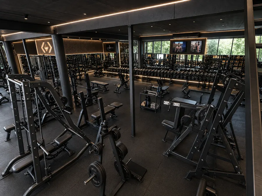 Free-weight zone with long double dumbbell racks and benches