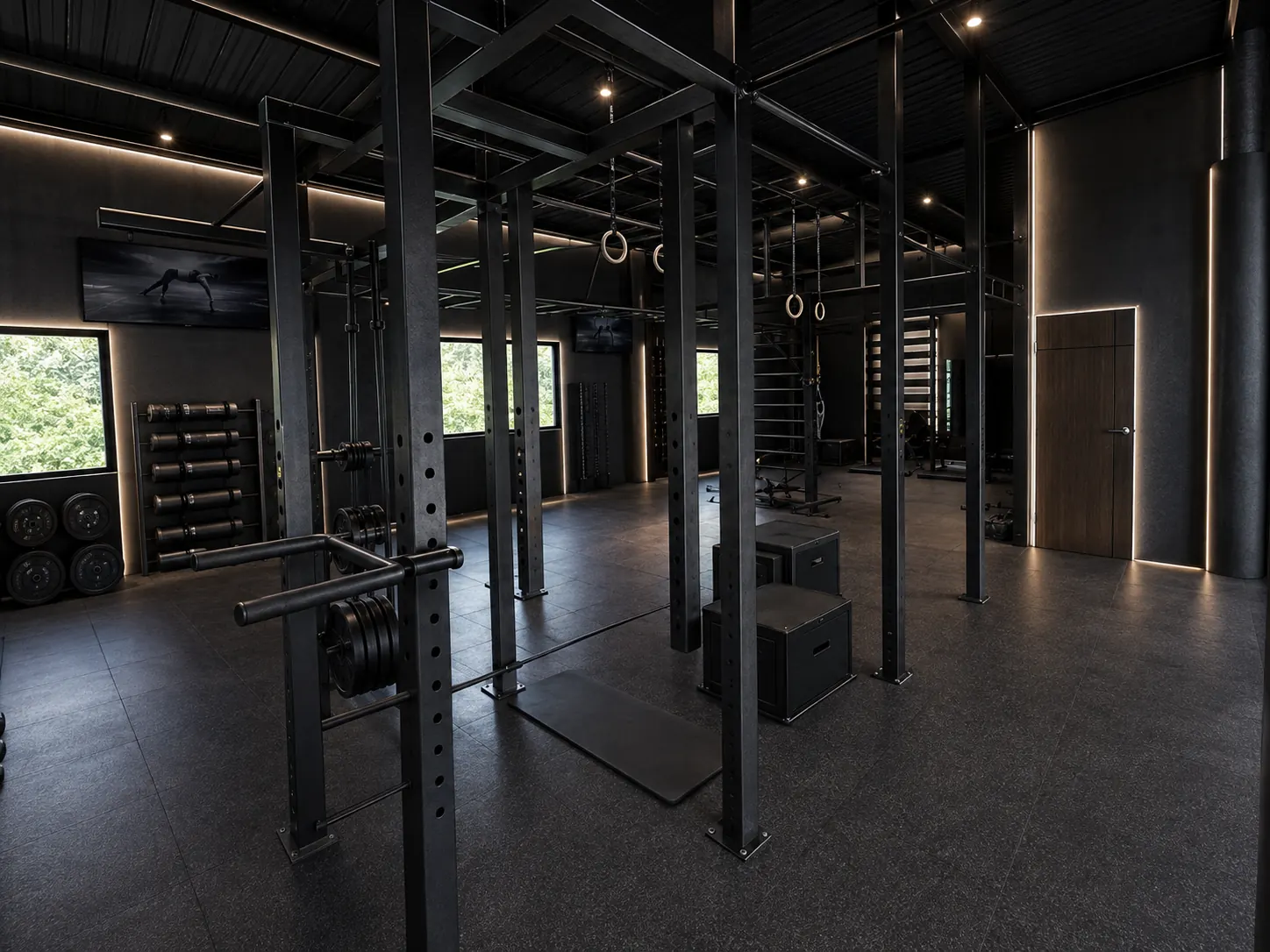Calisthenics hall with pull-up rig, monkey bars, gymnastic rings, wall bars, plyo boxes and barbell storage