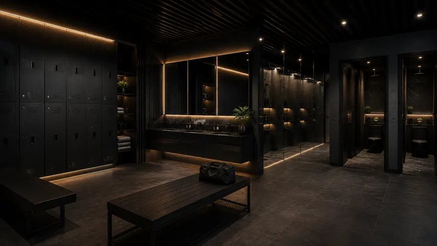 Premium dark locker room with backlit lockers and stone vanity