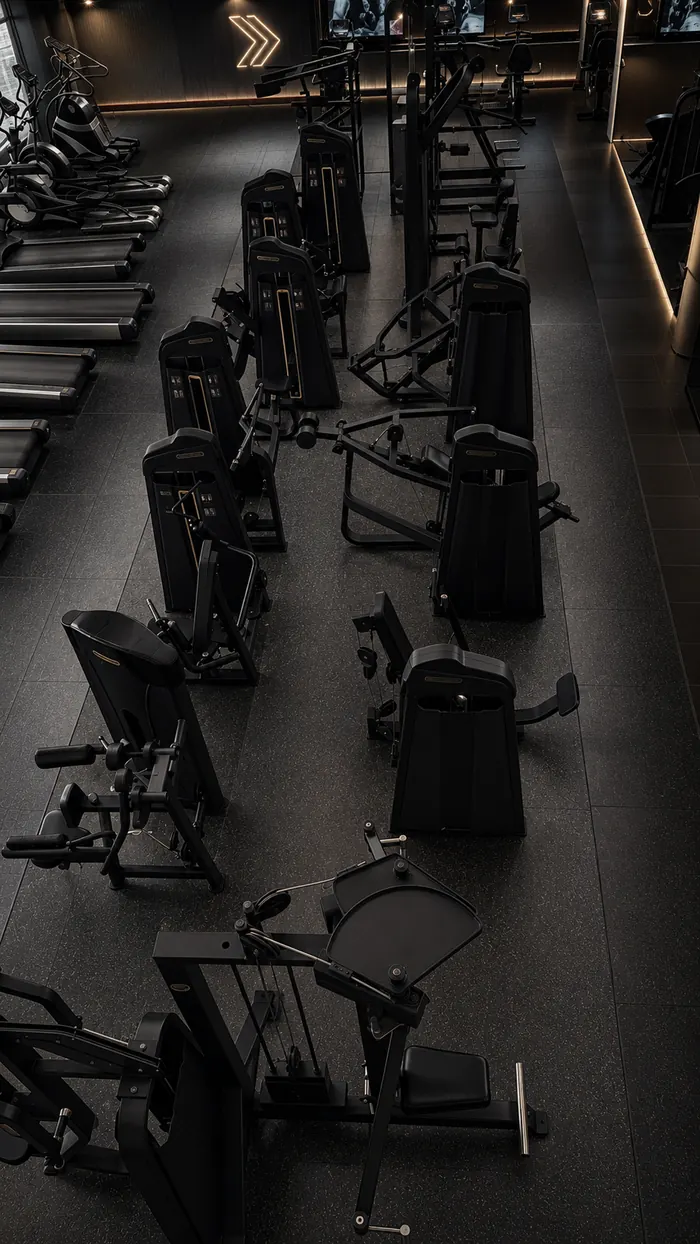 Overhead view of black strength machines arranged in precise lines