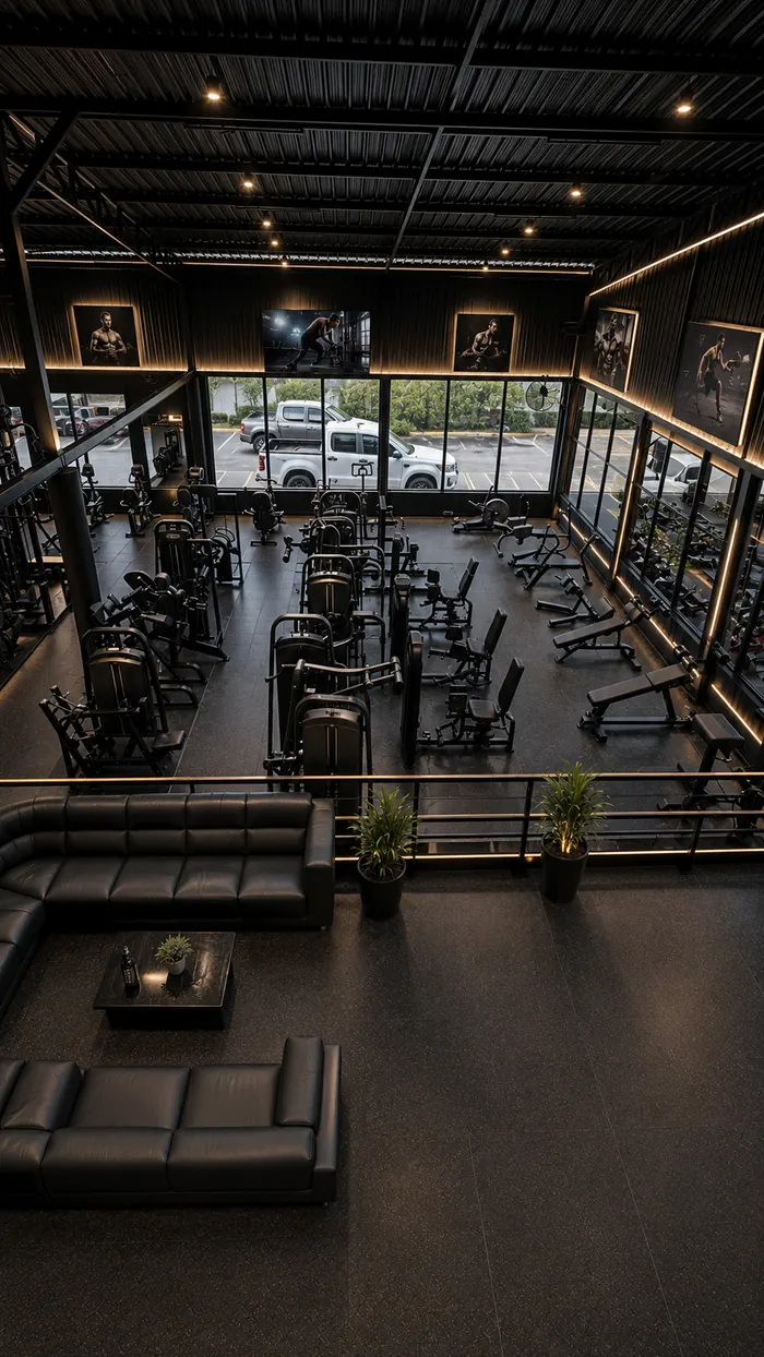 Leather lounge sofas on the mezzanine overlooking the machine floor