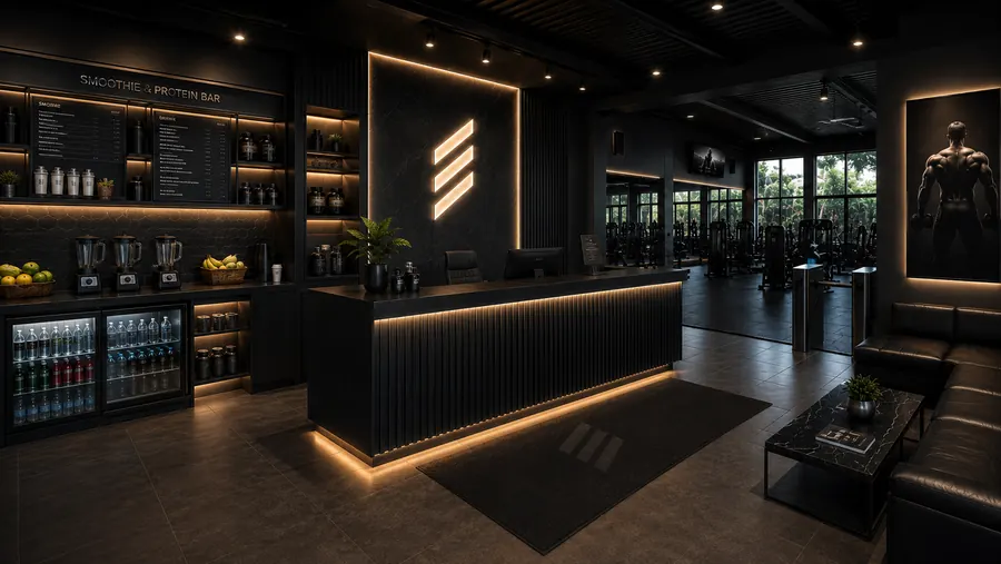 Reception desk with smoothie and protein bar and backlit menus