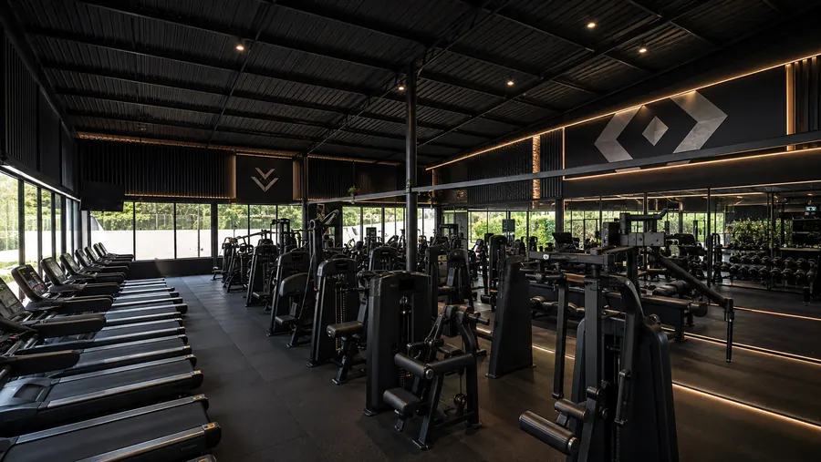 Strength machine floor under dark industrial ceiling with gold accent lighting